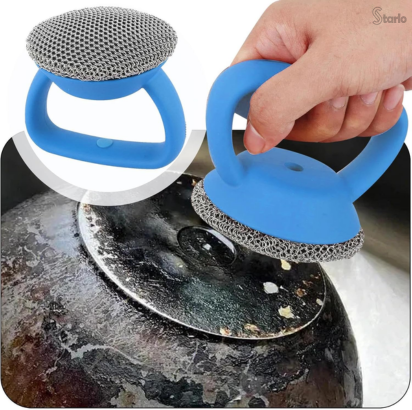 Escova de Panela em Aço Inoxidável com Cerdas de Silicone e Alça Ergonômica – Ferramenta de Limpeza Multifuncional para Cozinha