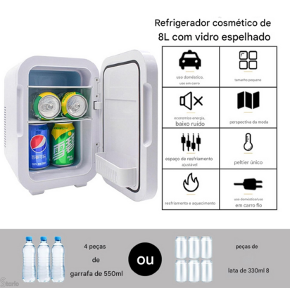 Minigeladeira com Espelho LED – Refrigerador e Aquecedor Portátil de 8 Litros (6 Latas)