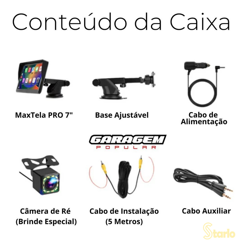 Tela Multimídia com CarPlay MaxTela Pro 7" + Câmera de Ré - Starlo