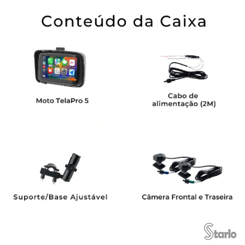 Multimídia com Car Play para Moto Tela Pro 5" + Câmera de Ré e Frontal