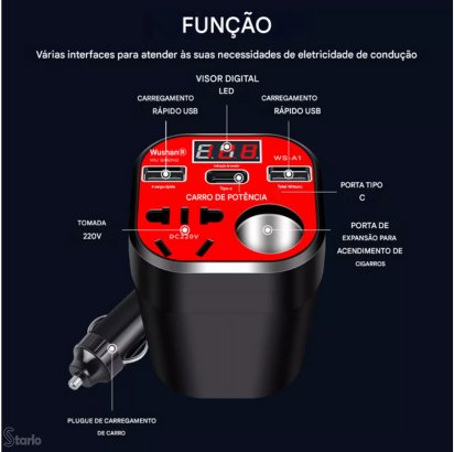 Inversor de Carro X Universal 12V/24V para Tomada Elétrica.