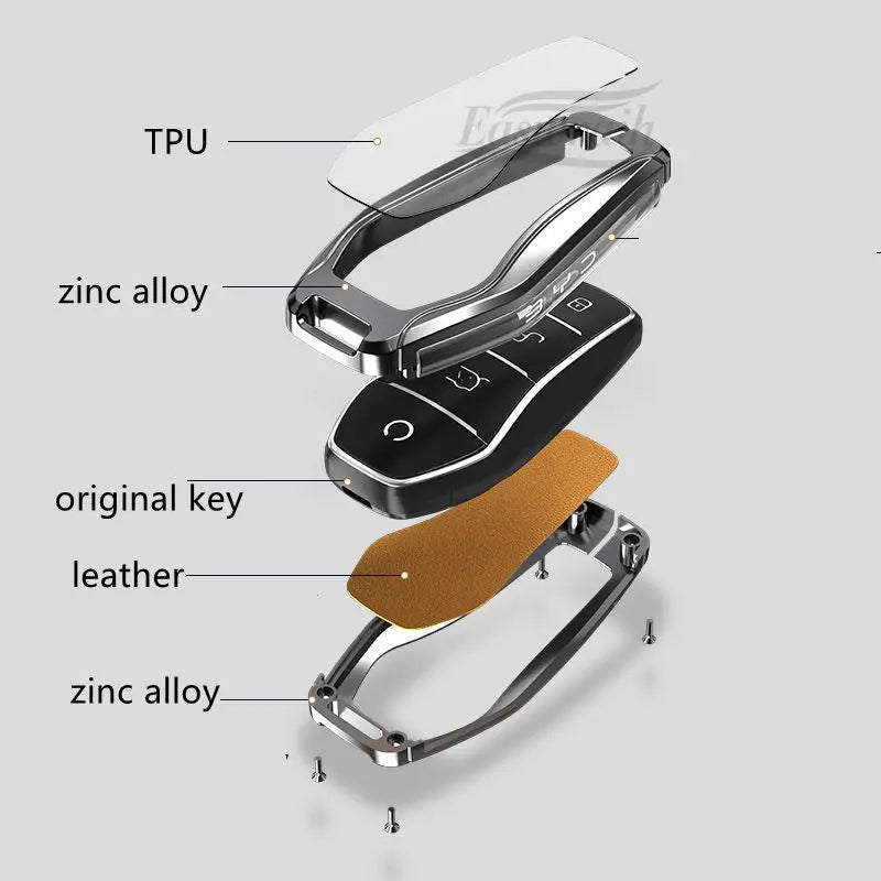 Zinc Alloy Leather Car Key Case, Holder Cover para BYD, Atto 3, Han EV, Dolphin, Durable, Second Song Pro, Tang Dm, Qin, Plus MAX, Yuan